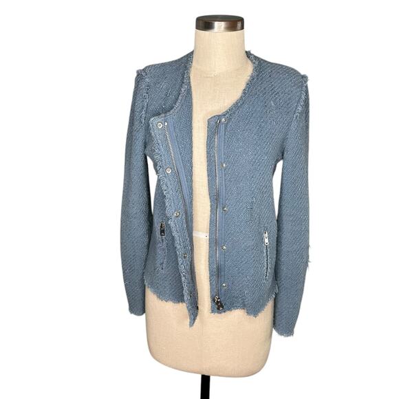 IRO Agnette Blue Tweed Distressed Snap Front Jacket Women's Size 38 US M Moto - Picture 3 of 11